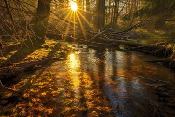 Sticker - sunlight reflecting on water near beaver dam, created with generative ai