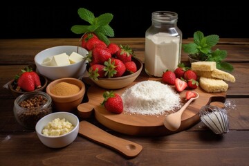 Wall Mural - strawberry shortcake ingredients arranged on wooden surface, created with generative ai