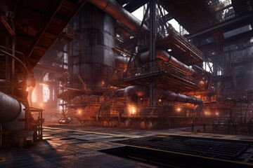  wide angle view of a modern metallurgical plant, created with generative ai