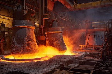 Sticker - molten steel pouring into molds at a foundry, created with generative ai