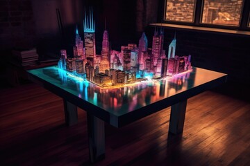 Wall Mural - futuristic holographic cityscape projection on table, created with generative ai