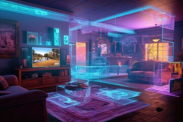 Wall Mural - hologram of virtual reality gaming environment, created with generative ai