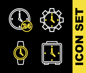 Sticker - Set line Time Management, Alarm clock, Wrist watch and Clock 24 hours icon. Vector