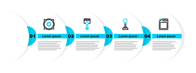 Canvas Print - Set line Canister for gasoline, Gear shifter, Engine piston and Car audio speaker icon. Vector