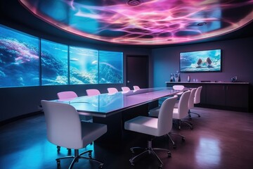 Wall Mural - sleek conference room with holographic screen, created with generative ai
