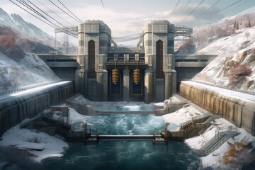 Wall Mural - hydroelectric dam providing power to an industrial facility, created with generative ai