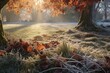 morning frost on grass with autumn leaves scattered around, created with generative ai