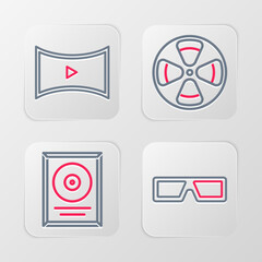 Poster - Set line 3D cinema glasses, CD disk award frame, Film reel and Online play video icon. Vector