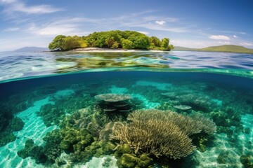 Canvas Print - remote island with crystal-clear waters and tropical fish swimming among the corals, created with generative ai