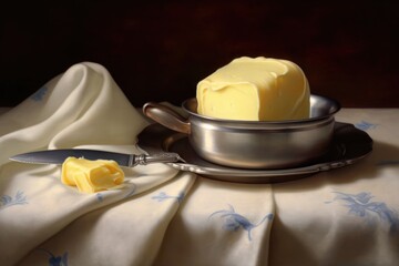 Wall Mural - butter curl with a butter dish and knife in soft focus, created with generative ai