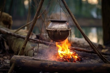 Canvas Print - rice pot hanging from a tripod over a campfire, created with generative ai