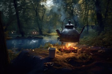 Wall Mural - tea kettle over campfire surrounded by nature, created with generative ai