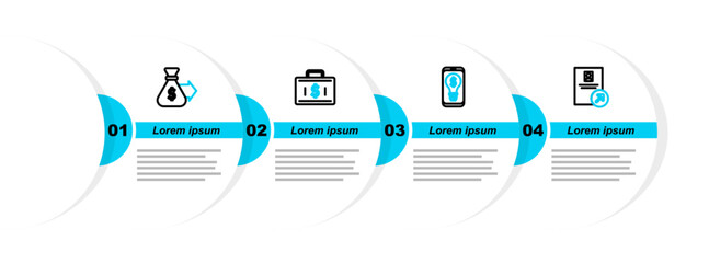 Poster - Set line Job promotion, Light bulb with dollar mobile, Briefcase and money and Money bag icon. Vector