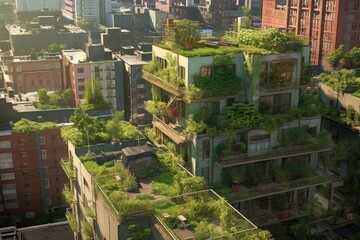 Poster - green rooftop gardens on urban buildings, created with generative ai