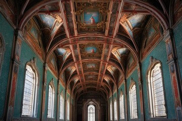 Poster - richly painted coffered ceiling in a cathedral, created with generative ai