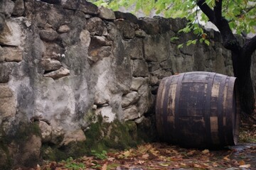 Wall Mural - aging barrel near an old stone wall, created with generative ai