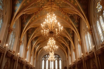 Poster - cathedral ceiling with an array of gilded chandeliers, created with generative ai