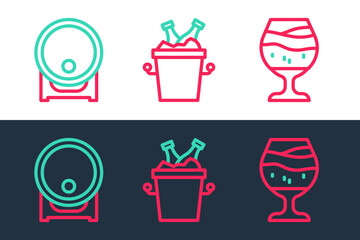 Sticker - Set line Glass of beer, Wooden barrel on rack and Beer bottles in ice bucket icon. Vector