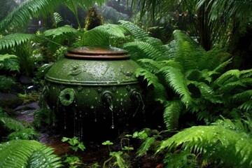 Canvas Print - raindrops on overturned pot in a lush green garden, created with generative ai