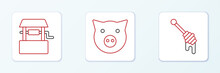 Set Line Honey Dipper Stick, Well And Pig Icon. Vector