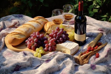 Sticker - a picnic blanket with wine, cheese, grapes, and a baguette, created with generative ai