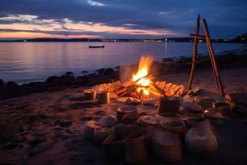 Poster - beach bonfire with a clam bake setup nearby, created with generative ai