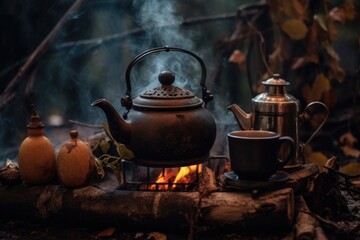 Wall Mural - brewing chai tea in a vintage teapot over open campfire flames, created with generative ai