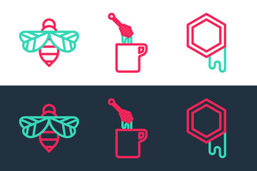 Poster - Set line Honeycomb, Bee and dipper stick with honey icon. Vector