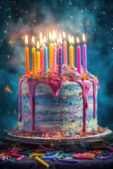 Wall Mural - festive birthday cake with lit candles and confetti, created with generative ai