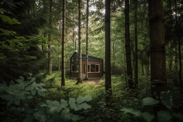 Sticker - tiny home in a secluded forest, surrounded by nature, created with generative ai