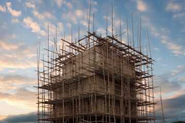 Poster - partially built bamboo scaffolding against sky, created with generative ai