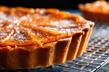 Sticker - close-up of freshly baked pumpkin pie on cooling rack, created with generative ai