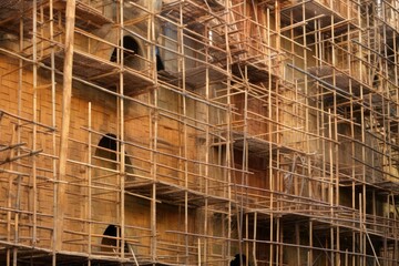 Canvas Print - bamboo scaffolding being against a wall, created with generative ai