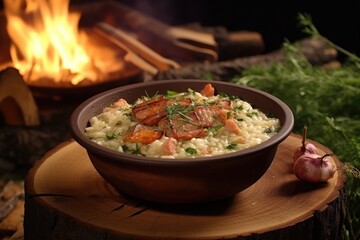 Wall Mural - campfire risotto garnished with herbs on wooden plate, created with generative ai