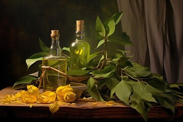 Wall Mural - artistic still life composition of olive oil and leaves, created with generative ai