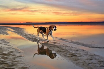 Wall Mural - beagle following scent trail on a sandy beach at sunset, created with generative ai