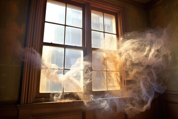 Canvas Print - wispy smoke tendrils reaching out from a window into the sky, created with generative ai