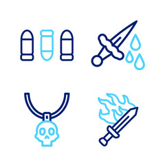 Poster - Set line Sword for game, Necklace amulet, with blood and Bullet icon. Vector