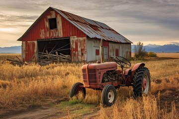 Sticker - broken tractor near old barn in rural landscape, created with generative ai