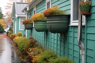 Wall Mural - close-up of rainwater barrels connected to gutters, created with generative ai