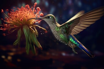 Canvas Print - a hummingbird drinking nectar from a flower in mid-flight, created with generative ai