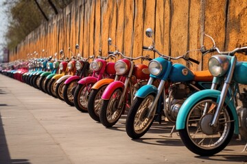 Wall Mural - a row of colorful, restored vintage motorbikes, created with generative ai