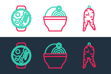 Sticker - Set line Ginseng root, Ramen and icon. Vector