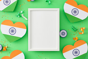 Wall Mural - Concept of an India Independence Day celebration event. Top view arrangement of heart-shaped indian flags, paper ashoka wheels, confetti on pastel green background with empty frame for ads or text