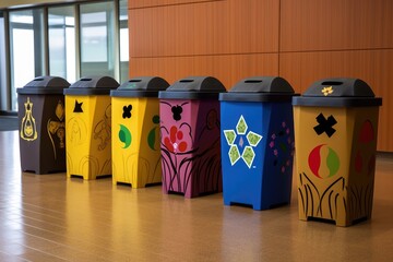 Canvas Print - recycling bins with symbols for different materials, created with generative ai