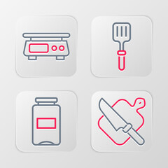 Canvas Print - Set line Cutting board and knife, Jam jar, Barbecue spatula and Electronic scales icon. Vector