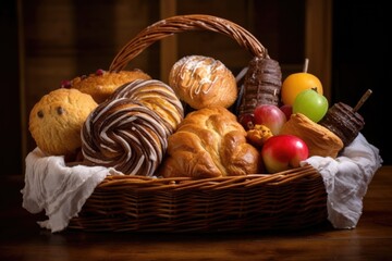 Wall Mural - assorted pastries in a rustic wicker basket display, created with generative ai