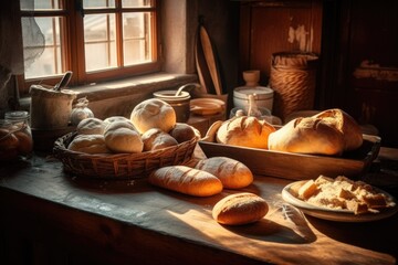 Wall Mural - freshly baked bread on a wooden counter, created with generative ai