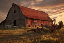 Weathered Barn With Rusty Farm Equipment And Hay, Created With Generative Ai