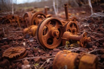 Poster - close-up of rusty tractor gears in abandoned field, created with generative ai